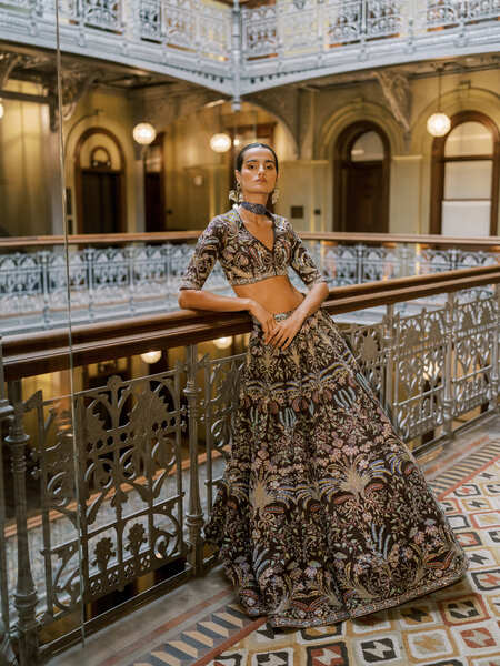 model wearing a Anisha Rao lehenga in New York