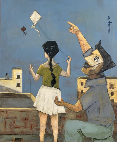 father and daughter kite flying painting 