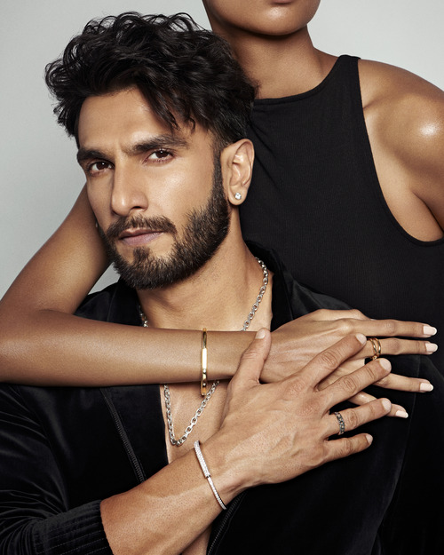 Ranveer singh as brand ambassador of the new Tiffany lock collection. he's wearing a black shirt with Tiffany jewellery