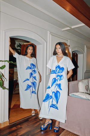 long summer kaftans in white and blue by verandah resort wear
