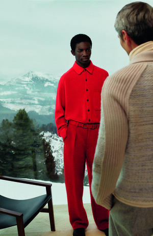 Zegna fall winter collection worn by a model wearing a red shirt and red pants 