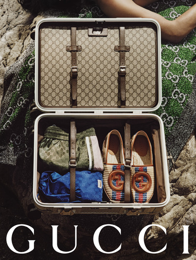 Gucci summer stories Loafers swim wear in a suitcase