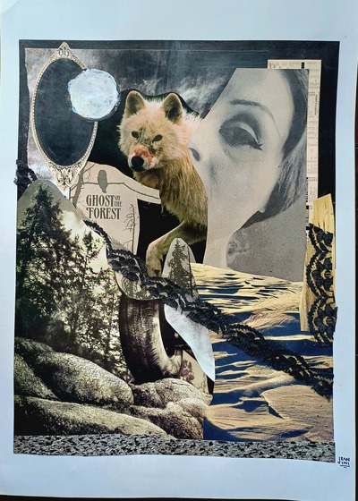 collage with a wolf, full moon, lunar